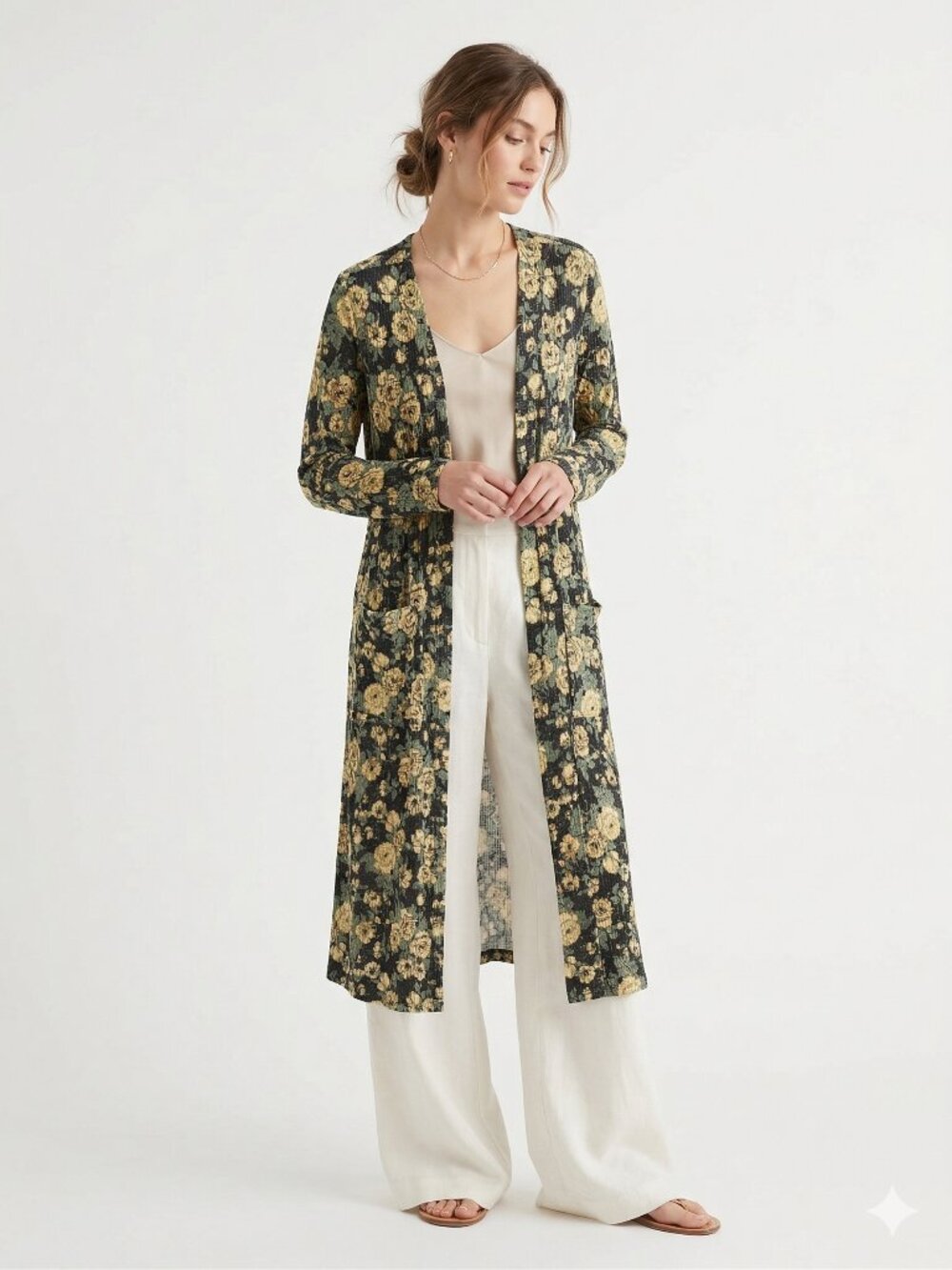 LuLaRoe Cardigan Green Yellow Floral Longline Cottage Open L